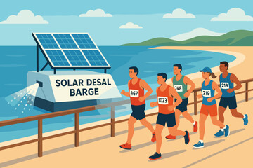 The sport-tech scene is flat and features a PV roof, mist fans, runners, and a sea breeze