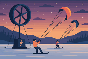 A winter sports scene featuring a kite charger is set against a vibrant backdrop of colorful kites and a deep purple sky