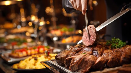 A chef expertly cuts a slice of delicious roast beef at a buffet, ready to serve the patrons.