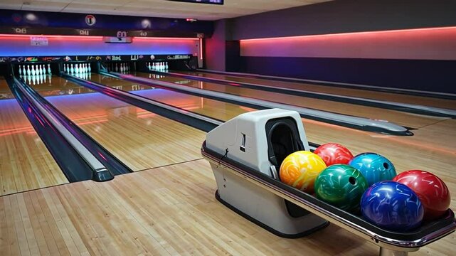 Bowling balls in a bowling alley.