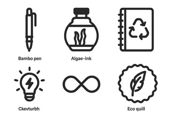 Eco‑friendly stationery icons connect a pen, bottle, notebook, bolt, loop, and badge