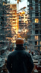 Construction worker observing a building site