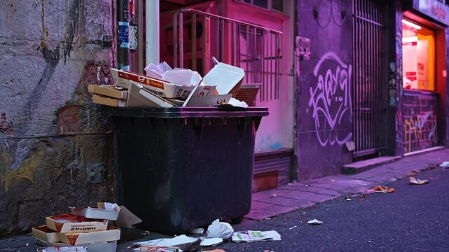 Garbage can full of trash on the street.