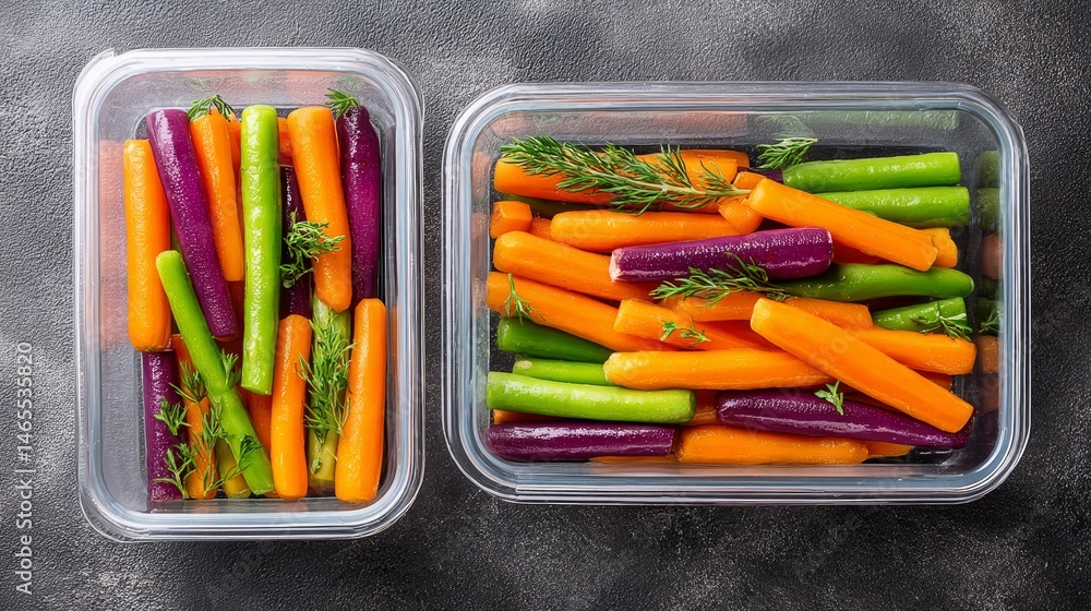Poster colorful pickled vegetables are layered inside clear containers, artistically displayed on a dark te