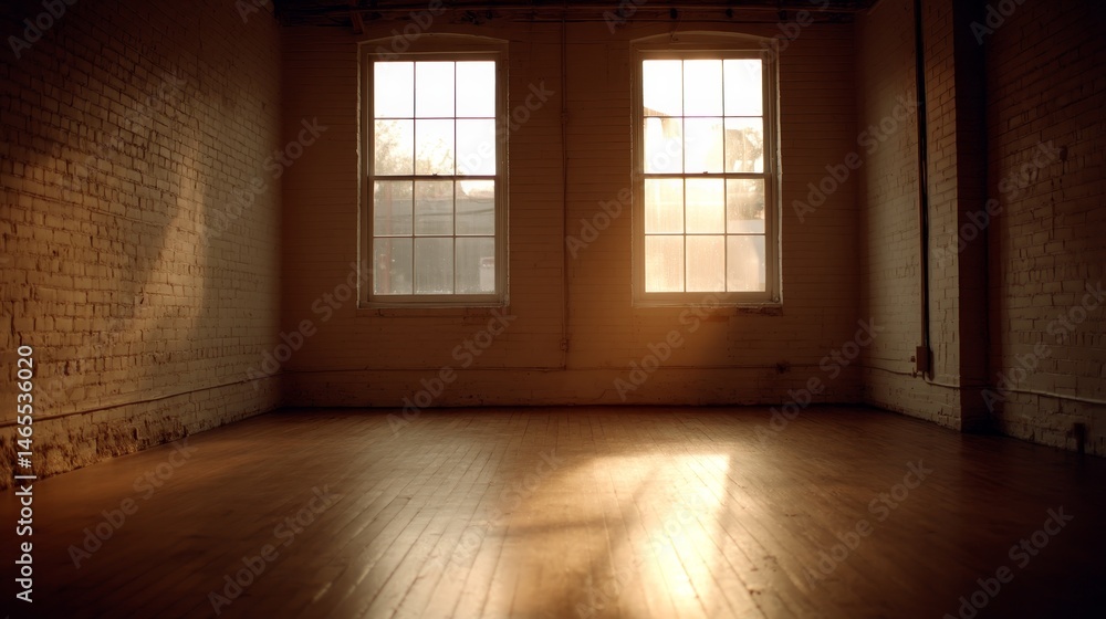 Aufkleber sunlight streams through large windows onto a hardwood floor in an empty room with a light brick wal