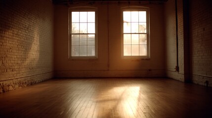 Sunlight streams through large windows onto a hardwood floor in an empty room with a light brick wall, creating a peaceful and inviting atmosphere