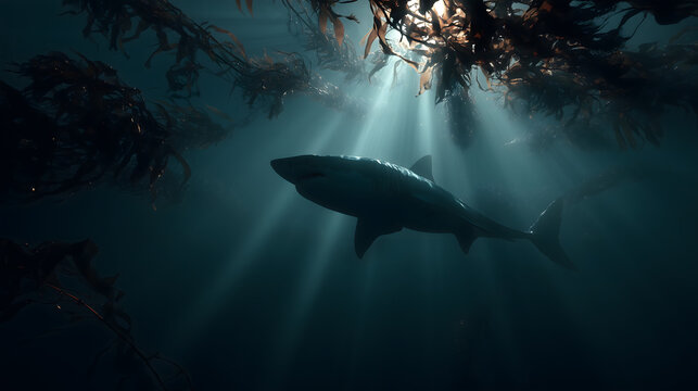 Terrifying Great White Shark Silhouette Gliding Through Kelp Forest with Dramatic Light Rays