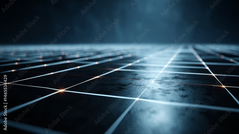 Fototapete Glowing nodes connected by luminous lines create a digital network grid over a deep blue gradient, providing a vast area for text or graphics on the right