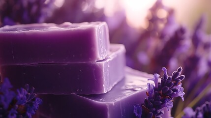 Stacked purple soaps amongst lavender blossoms.