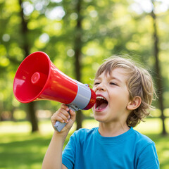 Child Shouting Through Megaphone – Excited Kid Cheering Loudly, Playful Communication and Fun Expression