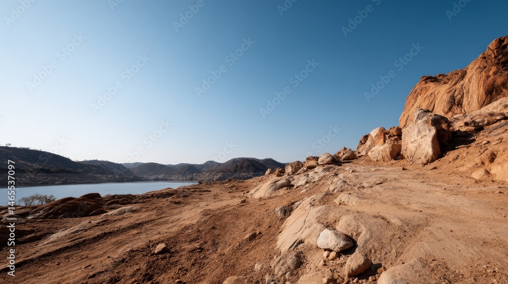 Poster elevated view captures dry hills merging into a calm lake with a clear sky overhead, highlighting th