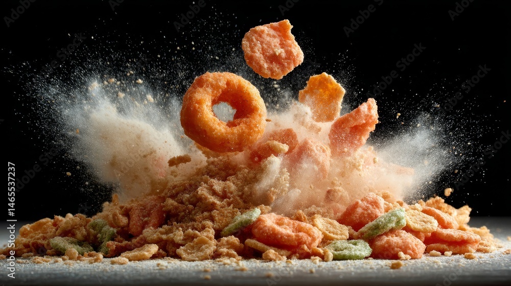 Aufkleber Cereal fragments burst upward from a surface in a dynamic display, illuminated by high-contrast lighting that highlights the texture and movement of the pieces