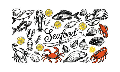 Modern hand-drawn vector illustration featuring a variety of seafood elements, easily scalable and editable.