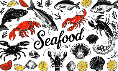 Obraz premium Modern hand-drawn vector illustration featuring a variety of seafood elements, easily scalable and editable.