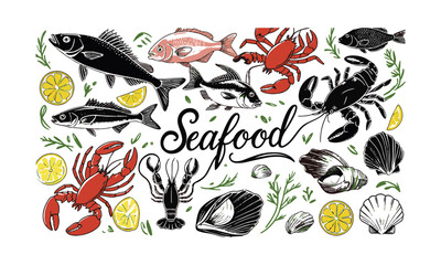 Obraz premium Modern hand-drawn vector illustration featuring a variety of seafood elements, easily scalable and editable.