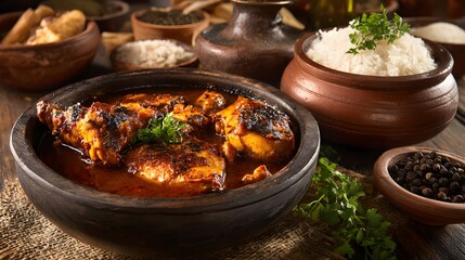 A hearty chicken dish, served with rice and spices, perfect for a flavorful dining experience.