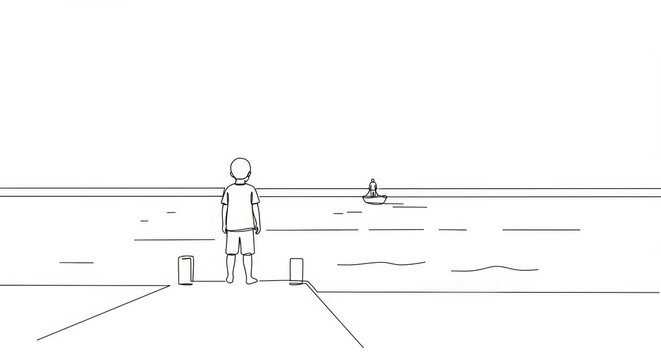 Minimalist line art: A boy watching his father's boat sail into the horizon