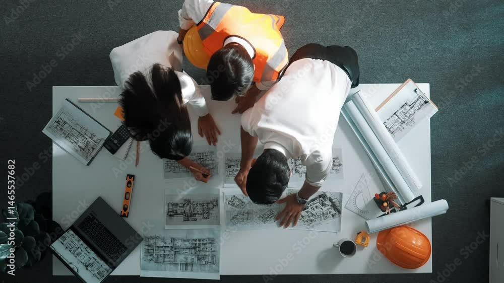 Poster top down view of smart architect engineer place document at meeting table with safety helmet and pla
