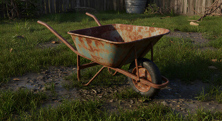Rustic Wheelbarrow With Rusty Details Amidst A Vibrant Garden Scene