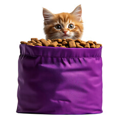 A Cat in a Purple High-Protein Kitten Food Bag Isolated on Transparent Background