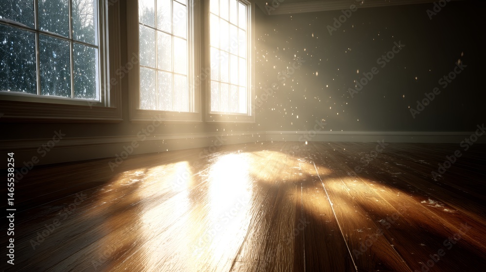 Poster frost particles sparkle in sunlight filtering through windows, creating a warm ambiance in a bright 