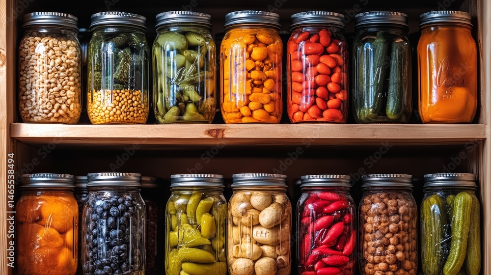 Poster shelf full of jars with various pickles and vegetables. the jars are of different sizes and colors, 
