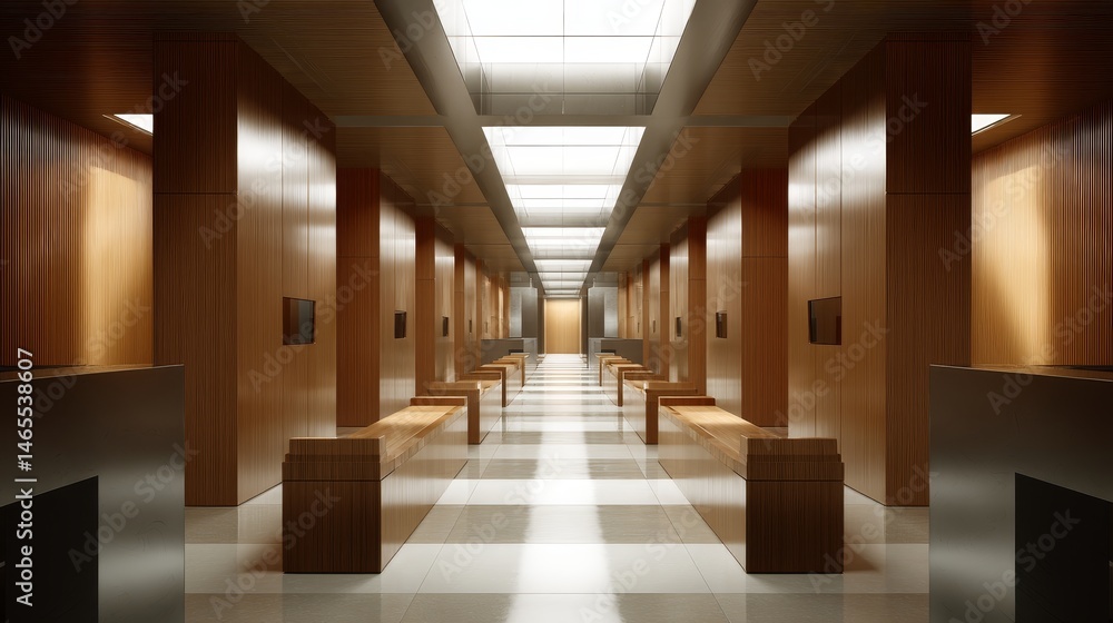 Poster this corridor features smooth brown finishes and symmetrical walls, creating a serene ambiance enhan