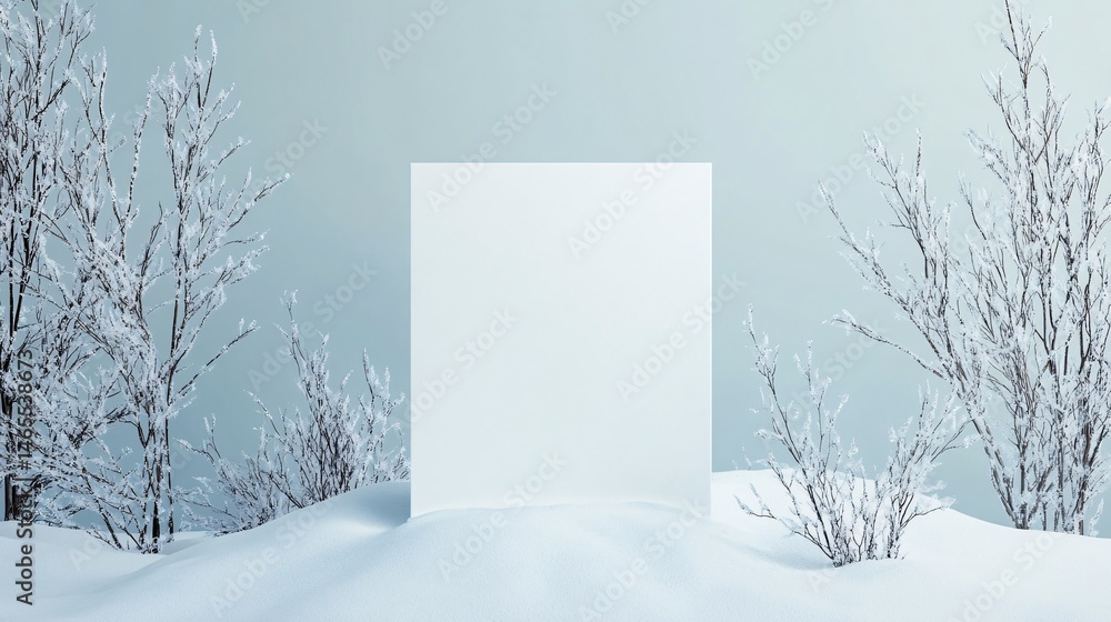 Poster snowy landscape with blank canvas and frozen trees displaying winter wonderland scene