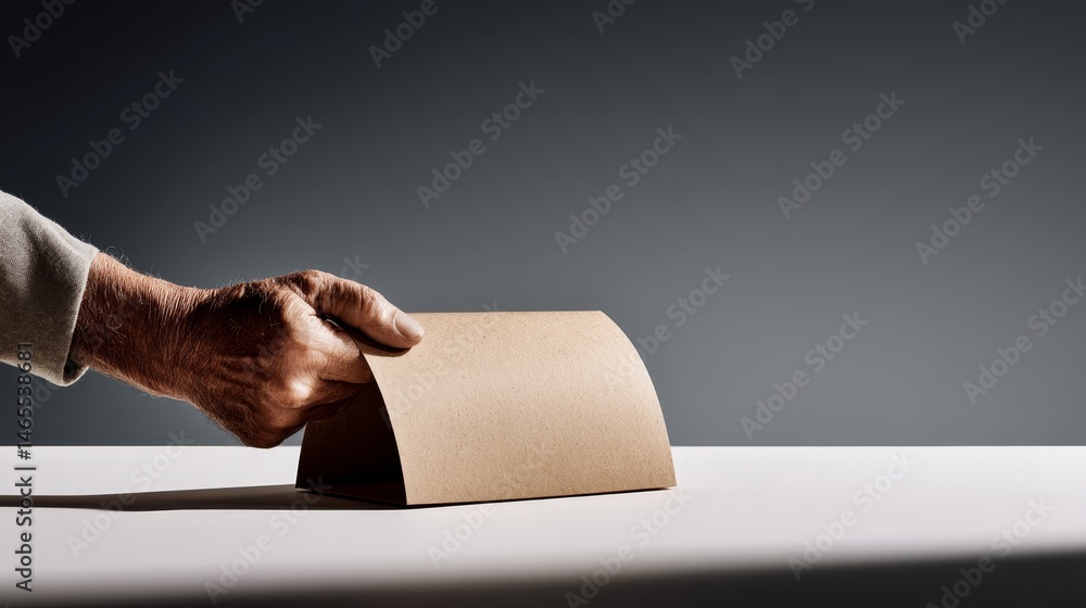 Poster A hand grips a partially closed cardboard piece, casting soft shadows as light streams through the fold, providing ample space for creative layout ideas