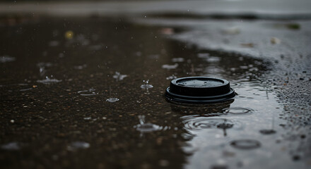 Abandoned Beverage Lid In A Puddle During A Rainy Day