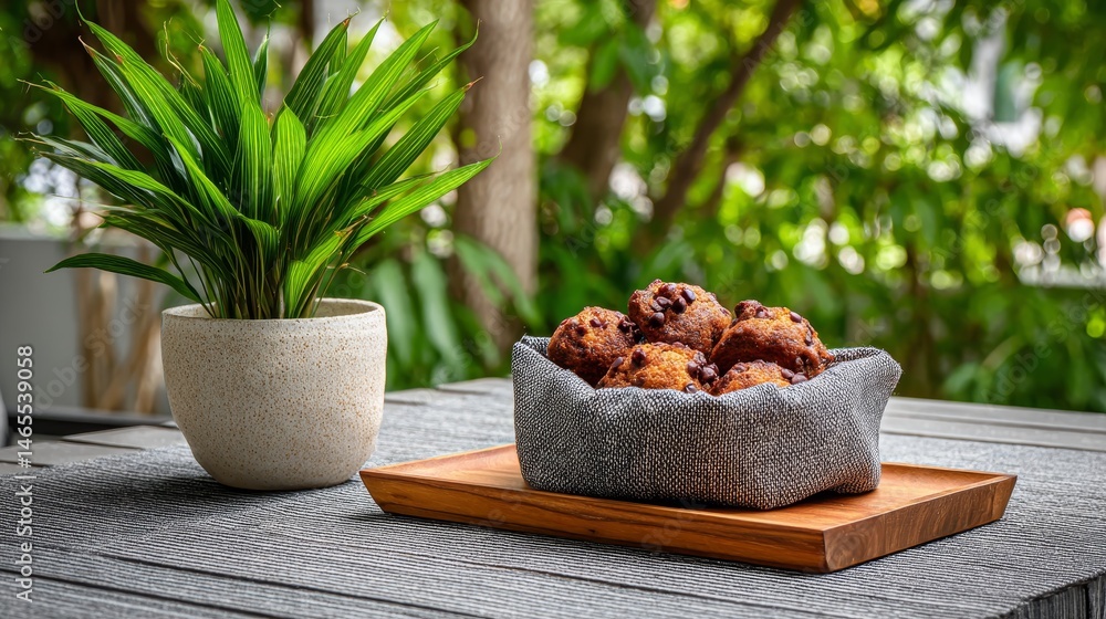 Poster chocolate chip pastries filled in a reusable pouch rest on a textured wooden surface, with a leafy p