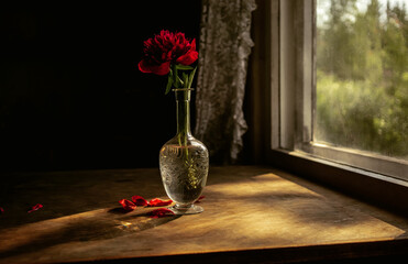 A peony in a glass vase on the background of a window.A burgundy peony flower in a vase.