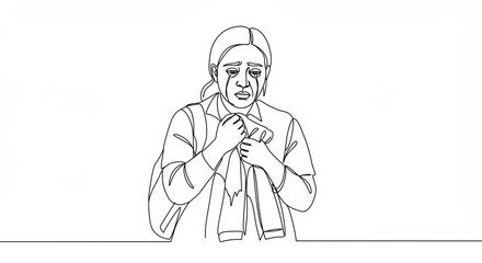 Minimalist continuous line drawing of a sorrowful woman clutching fabric