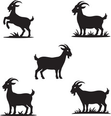 Black silhouette vector set depicting various goat poses on simple green grass patches