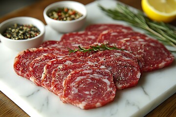Sliced cured meat product arrangement on a marble board.