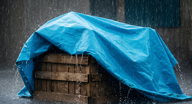 Wooden Crate Shielded Under Blue Tarp In Intense Rainfall Weather