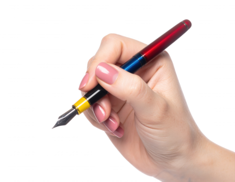 Elegant hand holding a colorful fountain pen on white background, ready to write. Ideal for stationery concept. - Powered by Adobe