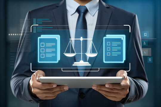 Legal tech lawyer using tablet for law firm digital document management system