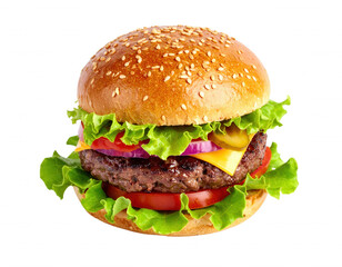Juicy Hamburger with Sesame Seed Bun, Fresh Ingredients on White Background. Classic American Meal.