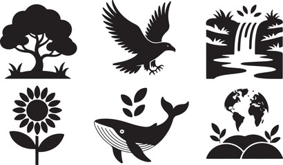 Set of minimalist black and white nature icons depicting earth and ecology elements