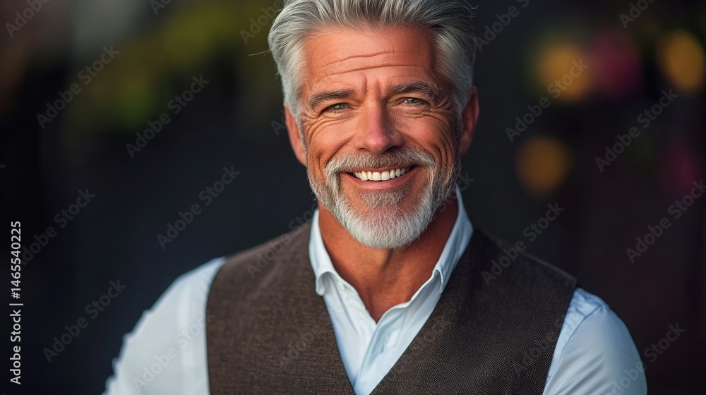 Poster man with a beard and a vest is smiling. he looks happy and confident. concept of warmth and positivi