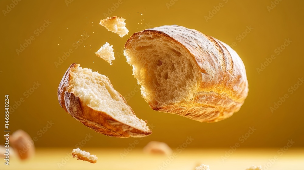 Poster piece of bread is cut in half and is floating in the air. concept of lightness and freedom, as if th