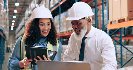 Man, woman and tablet at warehouse with laptop, logistics or discussion for supply chain...
