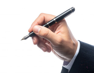 Elegant hand writing with a classic fountain pen, isolated on white background, capturing detail, style, and creativity.