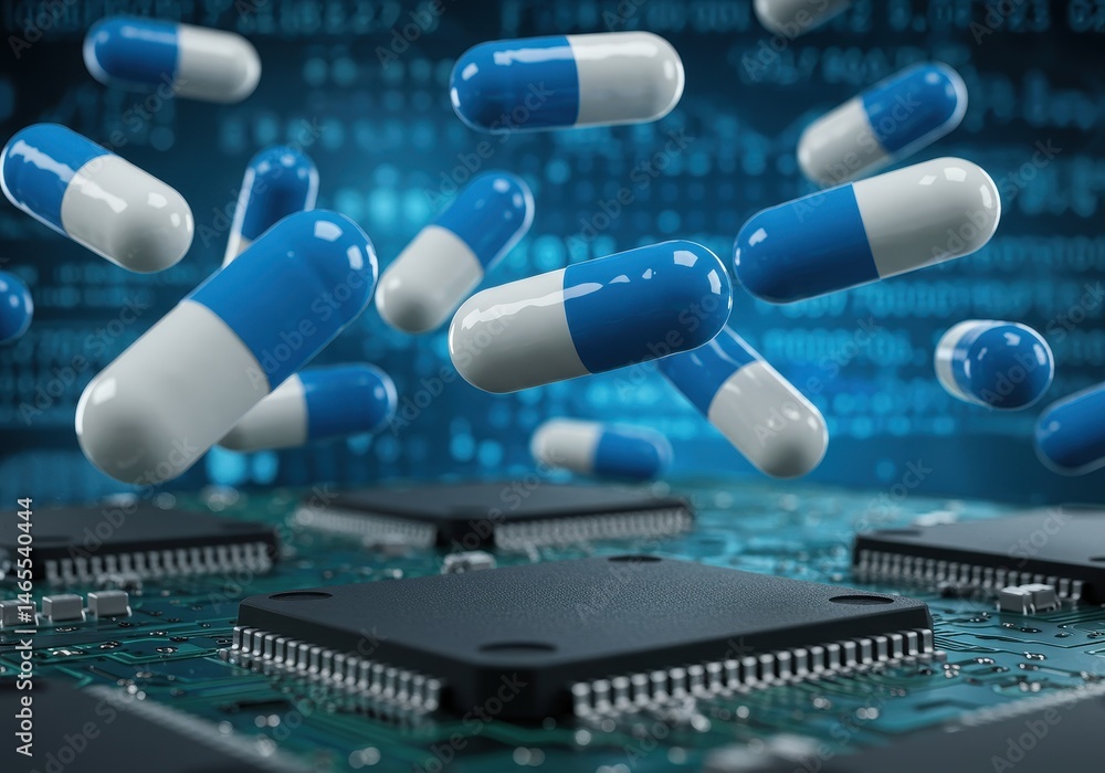Poster blue and white capsules floating above computer microchips with blue background
