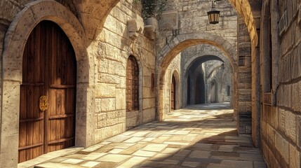 Fototapeta premium Sunlit Medieval Alleyway: Stone Architecture, Archways, and Wooden Door