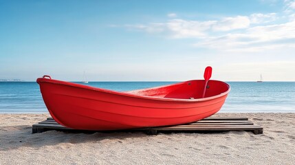 Naklejka premium Red boat is sitting on a wooden platform on a beach. The boat is small and he is a rowboat. The beach is empty, and the sky is clear and blue