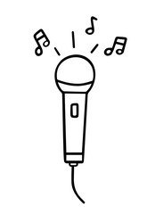 Wired Microphone with Sound Lines and Musical Notes Around. Singing, Vocal Performance, Music Recording, Karaoke, Sound Amplification, Audio Equipment, and Entertainment