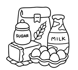 Food Ingredients with Eggs, Butter, Sugar Jar, Milk Bottle, and Wheat Flour Bag. Grocery Set, Baking Essentials, and Educational Activity About Nutrition and Food Preparation