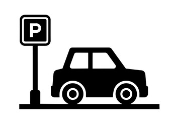 Car Parked Beside a Parking Signpost. Urban Transportation, Public Parking Area, City Infrastructure, Driving and Vehicle Placement, Road Sign Symbol, Car Stop Location and Parking Zone